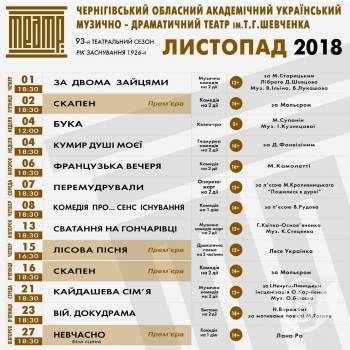 Репертуар на листопад Чернігівського обласного музично-драматичного театру Репертуар на листопад Чернігівського обласного музично-драматичного театру