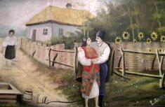 Картина «Тікай, Петре з Наталкою — біжить мати з качалкою!». Картина зі збірки Музею Івана Гончара, 1930-ті роки, Черкаська область. Картина «Тікай, Петре з Наталкою — біжить мати з качалкою!». Картина зі збірки Музею Івана Гончара, 1930-ті роки, Черкаська область.